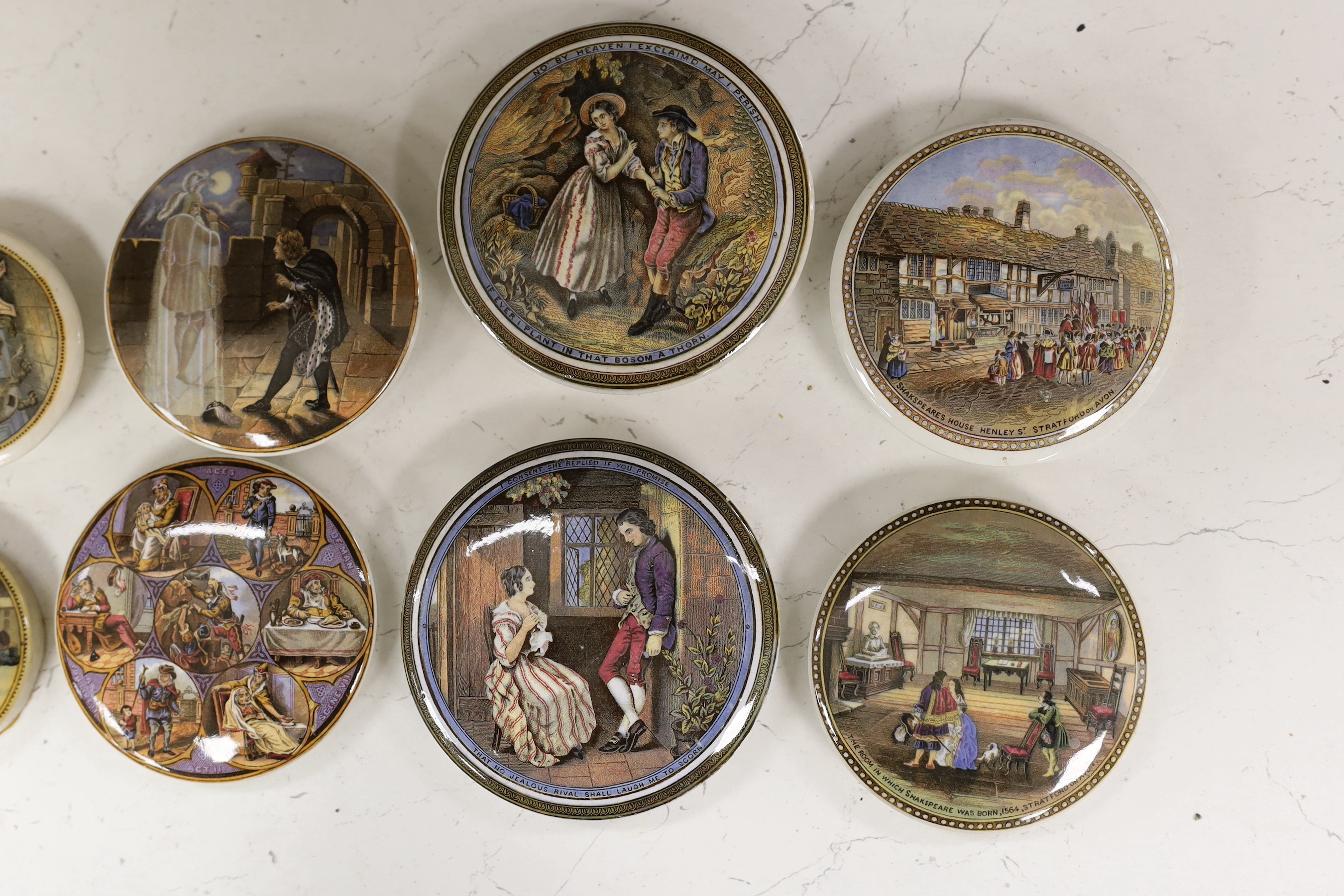 Nine various Victorian pot lids of classical interior scenes, largest 12cm diameter